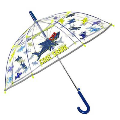 Hai Regenschirm Transparent für Kinder 4 5 6 Jahre - Reflektierender Kinderschirm Durchsichtig Automatik für Kleinkind Jungen - Regen Schirm Windsicher Blau Gelb - Durchmesser 74 cm - Perletti (Hai) von PERLETTI