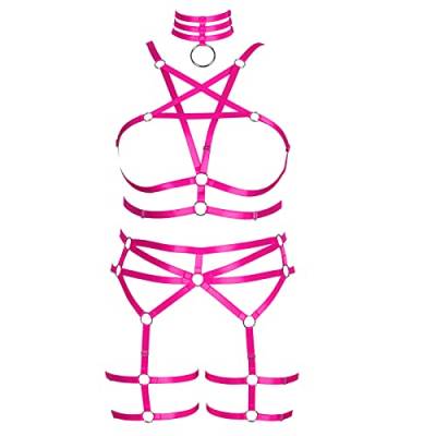 PETMHS Damen Plus Size Body Harness BHS Strumpfhalter Dessous Punk Korsett Brust Körper Geschirr Aushöhlen Fesseln Bustiers Korsagen Goth Rave Mode Accessoires (Rose Rot) von PETMHS