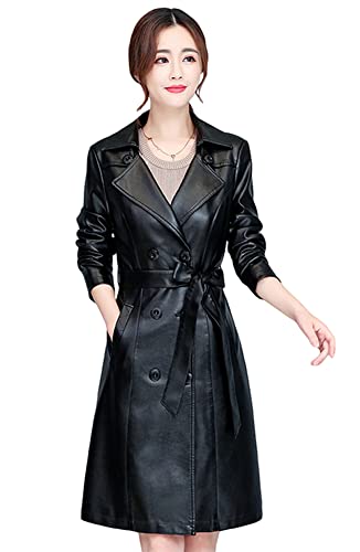 PLAERPENER Damen Anzug Kragen Schwarz Leder Trenchcoat Kunstleder Motorradjacke, Schwarz , 38 von PLAERPENER