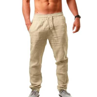 Herren Leinenhose Lang Leicht Sommerhose Loose Fit Freizeithose für Urlaub Strand Alltag von POIUIYQA