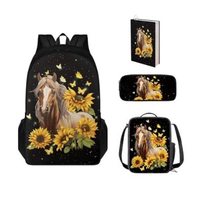 POLERO Dinosaurier-Rucksäcke für Jungen, Vorschule, Büchertasche und Lunchbox, 4 Stück, Schultaschen für Mädchen, Pferd Sonnenblume Schmetterling Galaxie, Einheitsgröße, Schulranzen-Set von POLERO