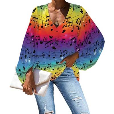 POLERO Kirschblüten-Bluse für Damen, florales Chiffon-Bluse, Laterne, langärmelig, lässiges Oberteil, V-Ausschnitt, plus Hemden, Musiknoten in Regenbogenfarben, X-Large von POLERO