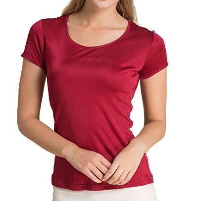 Paradise Silk Pure Silk Damen Strick-T-Shirt mit Rundhalsausschnitt, kurzärmelig Gr. Small, burgunderfarben von Paradise Silk