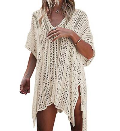 Strandkleider Damen Strandkleid Strick Kaftan Tunika Strandtunika Boho Sommerkleider Kurz Strandponcho V-Ausschnitt Bikini Cover Up Große Größen Strandbekleidung Beachkleider Kleid Strand Aprikose von Pengniao