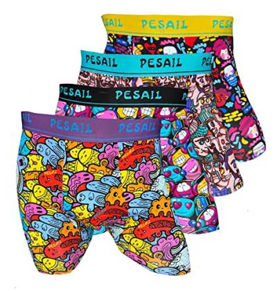 PESAIL Psychedelic Cartoon Boxershorts 4er Pack, Größe X-Large (XL), Farbe je 1x senf, türkis, schwarz, lila von PESAIL