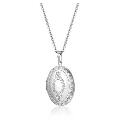 PiercingJak Vintage Bilder Medaillon zum Öffnen Foto Halskette Oval Amulett Anhänger mit Blume Muster Silber Edelstahl Kette Charms Schmuck Geschenk für Damen Herren von PiercingJak