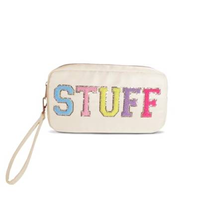 Patch Klare Make Up Tasche, Kosmetik Kulturtasche für Reisen,Täglichen Gebrauch, Buchstaben Kosmetiktasche,wasserdichte Glam Tasche Aus Polyester Mit Reißverschluss für Frauen Mädchen (Beige) von Pilipane