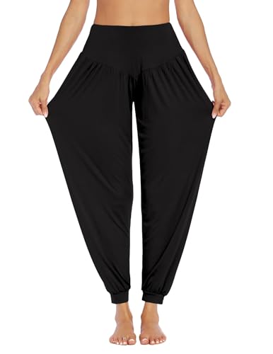 PINSPARK Freizeithose Damen Lang Haremshose Hippie Yogahose Große Größen Jogginghose Bequem Yoga Hose Locker Pluderhose Sporthose Frauen Schwarz XL von PINSPARK