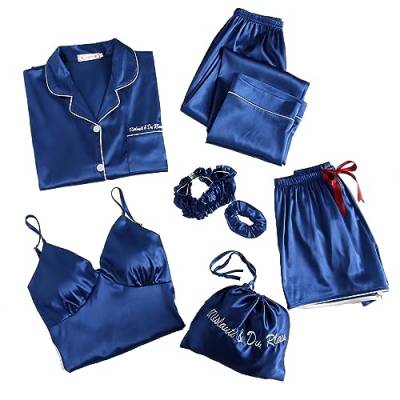 7-Teiliges Pyjama-Set Damen Nachthemd Satin Loungewear Seidenimitat Schlafanzüg von Prevently