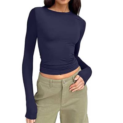 Crop Tops Damen Langarm Basic Shirt Lässiger Slim Fit Tops Komfortabel Oberteile (Dunkelblau, M) von Prevently