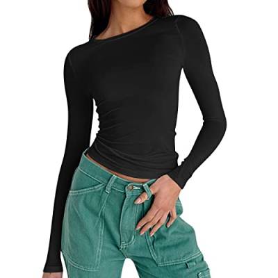 Crop Tops Damen Langarm Basic Shirt Lässiger Slim Fit Tops Komfortabel Oberteile (Schwarz, L) von Prevently