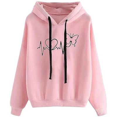 Prevently EKG-Muster Hoodie Teenager Mädchen Pullover Kapuze-Sweatshirt Damen (Rosa (Liebe Schmetterling), M) von Prevently