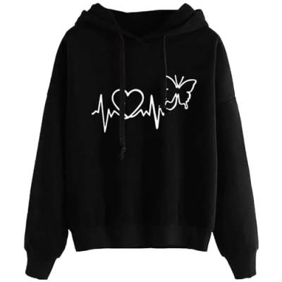 Prevently EKG-Muster Hoodie Teenager Mädchen Pullover Kapuze-Sweatshirt Damen (Schwarz (Liebe Schmetterling), M) von Prevently