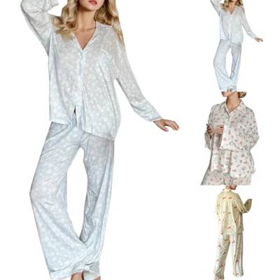 Pyjama Set Damen Schlafanzug Obst Blumen-Muster 2-Teilig Nachthemd Bequeme Hautfreundlich Nightwear Homewear (Blau, S) von Prevently
