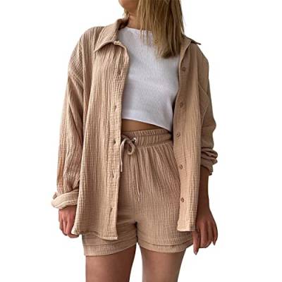 Zweiteiler Damen Sommer Musselin Bluse Outfits Anzug Elegant 2 Teiler Langarm Oversize Hemdshirt Kurze Hose Set Plissee Baumwolle Freizeitanzug Kurz Umlegekragen Mit Knopfleiste Kordelzug Zweiteilig von Pursuit-W