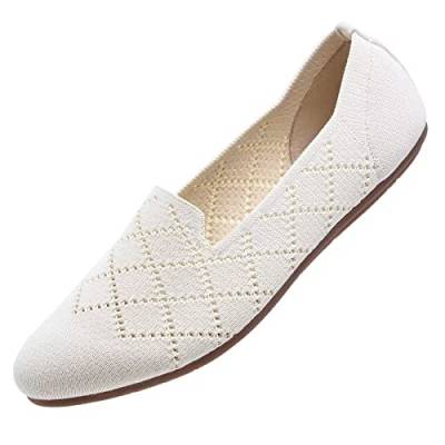 Puxowe Damen Ballerina Flache Schuhe Runde Zehe Strick Kleid Schuhe Niedriger Keil Slip On Ballerina Walking Flats Schuhe für Frauen Bequem Weich 39 EU Beige von Puxowe