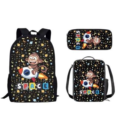 Pzuqiu Schulrucksack-Set für Kinder, Rucksack für Vorschule, Mittelschüler, Schultaschen mit Lunchbox und Federmäppchen, 3-teiliges Set, Space Monkey von Pzuqiu