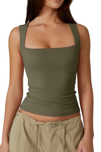 QINSEN Damen-Tank-Top, quadratischer Ausschnitt, ärmellos, doppellagig, enganliegend, Grün (Army Green), Mittel von QINSEN