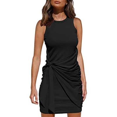 QKEPCY Damen Bodycon Kleid Kurz Enges Wickelkleid Kurzarm Sommerkleid Mini T Shirt Kleid Seitliche Seilbindungen Sexy Clubwear (Schwarz XL) von QKEPCY