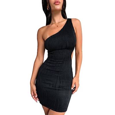 QKEPCY Partykleid Damen Damen Rückenfreies Kleid Ärmellos Sexy abfallende Schultern Bodycon Geraffte Schlichtes Minikleid Abendkleidung Tank Kleid Für Club&Party (Schwarz S) von QKEPCY