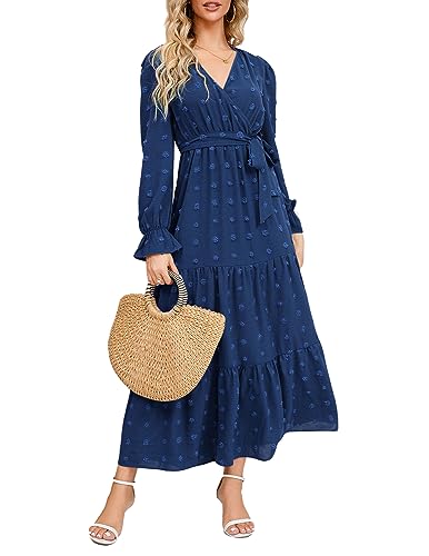 QUNERY Kleid Langarm Damen V Ausschnitt Tunika Kleid Elegant Swiss Dot Freizeitkleider Herbst Winter Cocktail Kleid Partykleid mit Gürtel Blau L von QUNERY