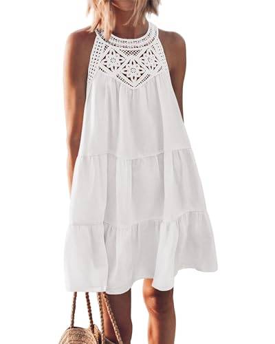 QUNERY Sommerkleid Damen Ausgehöhltes NeckholderKleid Casual Knielang Ärmellos Strandkleider A-Linie Urlaubkleid Weiß M von QUNERY