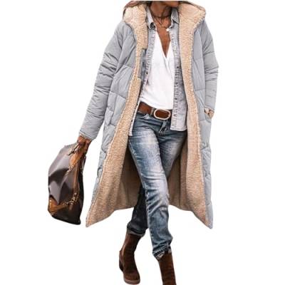 QYBFMSM Winterjacke Damen Warm Einfarbiges Wintermantel Damen Lang mit Kapuze Wendbares Teddy Mantel Damen Schmal Geschnittenes Parka Damen Winter Sehr Elegant Damen-mäntel,Silber,XXL von QYBFMSM