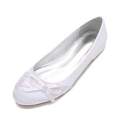 QZPM Damen Klassische Ballerinas Geschlossene Zehen Flacher Absatz Satin Hochzeit Partei Brautschuhe,Weiß,44 EU von QZPM