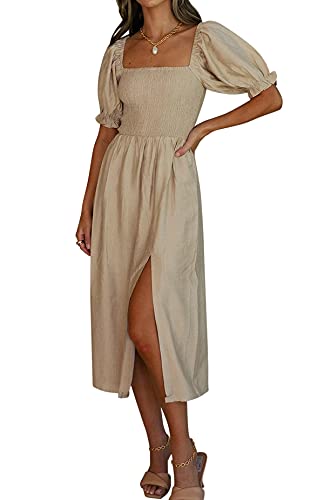 R.Vivimos Damen Casual Square Neck Rüschen Puff Kurzarm Plaid Empire Taille Schlitz Midikleid(Medium,Khaki) von R.Vivimos