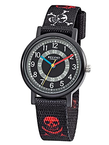 Regent Kinder-Armbanduhr Elegant Analog Textil-Armband schwarz rot weiß Quarz-Uhr Ziffernblatt schwarz grau URF950 von REGENT