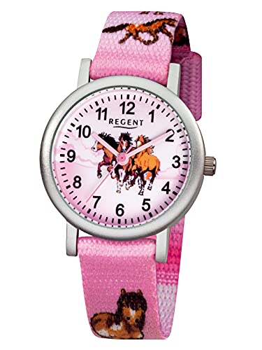 Regent Kinder-Armbanduhr Pferde Quarz Aluminium Textil rosa Mädchen Uhr URF729 von REGENT
