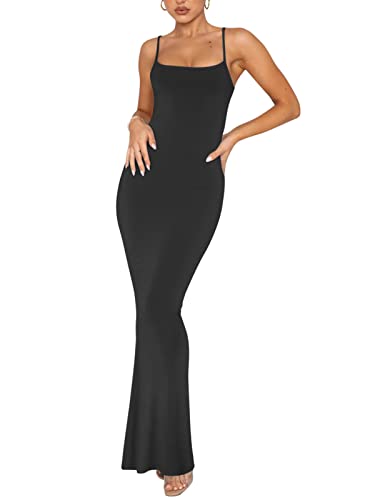 REORIA Damen Sexy Lounge Slip Langes Kleid Elegantes Hochzeitsgast ärmelloses rückenfreies Geripptes figurbetontes Maxikleid Schwarz XL von REORIA