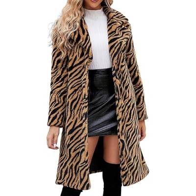 Damen Pelzmantel Leopard/Tiger Muster Winterjacke Lange Damen Warme Kunstpelz Jacke Dicker Faux Fur Mäntel Pelzjacke Reverskragen Flauschige Fellmantel Parka Jacke Wintermantel Oversize Outwear von RLEHJN