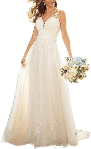 RONGLONG V-Ausschnitt Spitzen Hochzeitskleider Lang Tüll Brautkleid Strand Brautkleider Boho Brautmode, Weiß, 46 von RONGLONG