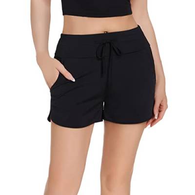 RPAEOY Damen Badeshorts Badehose mit Taschen Schnell Trocknende Boardshorts Schwimmshorts UV Schutz Bikini Shorts Schwimmhose Eingrifftasche Sporthose für Schwimmen Laufen Freizeit (Schwarz,XL) von RPAEOY