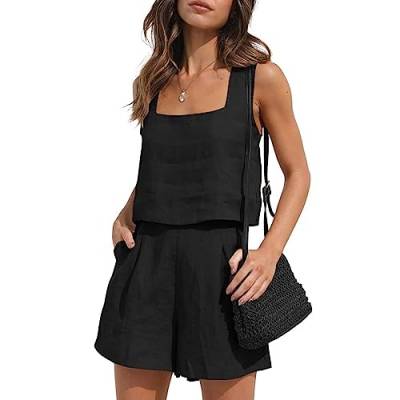 RPAEOY Zweiteiler Damen Gerippt Spaghettiträger Ärmelloses Tank Tops und Hoch Taillierte Shorts mit Taschen 2 Teiler Sets Loung Schlafanzug Sommerkleidung Schwarz S von RPAEOY