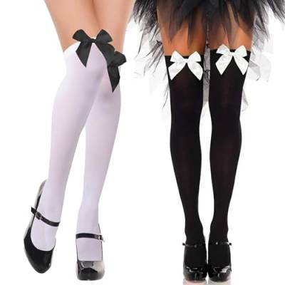 RYMAUP® 2 Paar Overknees Strümpfe Damen mit Schleife, Knee High Socks Overknee Socks Thigh High Socks,Karneval kostüm damen，Faschingskostüme,Schwarz und weiß von RYMAUP