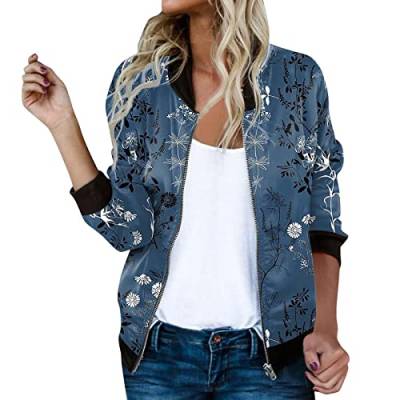 RYTEJFES Bomberjacke Damen Leicht mit Reißverschluss Freizeit Langarm Fliegerjacke Blouson Blumen Gedruckt Mantel Retro College-Jacke Herbst Cardigan Stehkragen Outwear Sweatjacke von RYTEJFES