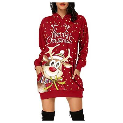 RYTEJFES Weihnachten Pullover Kleid Damen Langer Weihnachtspullover Lustig Druck Hoodiekleider für Frauen Langarm Midi-Länge Weihnachten Weihnachtspulli-Kleid mit Kapuze Herbst Winter Weihnachtskleid von RYTEJFES