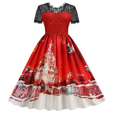 Weihnachtskleid Damen Elegant Party Kleider Kurzarm Spitze Patchwork Weihnachten Cocktailkleid 50er Jahre Hausfrau Vintage Rockabilly Kleid A-line Swings Abendkleider Weihnachtskleider von RYTEJFES