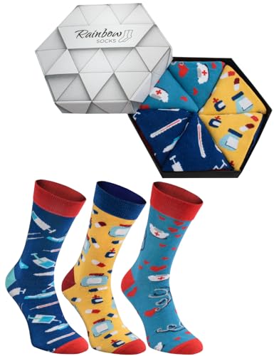 Rainbow Socks - Damen Herren Lustiges Socken Box Geschenk für Krankenschwestern - 3 Paar - Thermometer Tabletten Hut Krankenschwester - Größen 36-40 von Rainbow Socks