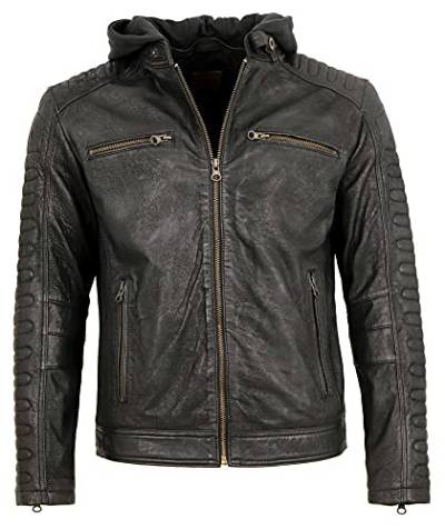 Redpoint - Herren Lederjacke Bikerjacke Kapuze Lammnubuk schwarz Größe 50 von Redpoint