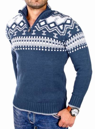 Reslad Strickpullover Reslad Herren Strickpullover Crewneck Zipper Norweger Pullover RS-3110 (1-tlg) Strickpullover Männer Norwegermuster Troyer von Reslad