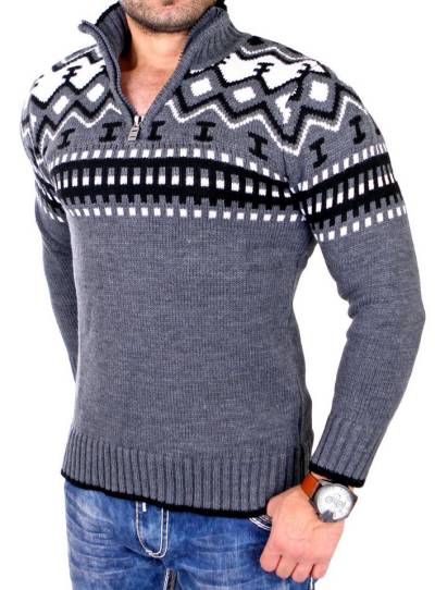 Reslad Strickpullover Reslad Herren Strickpullover Crewneck Zipper Norweger Pullover RS-3110 (1-tlg) Strickpullover Männer Norwegermuster Troyer von Reslad