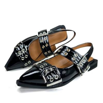 Roimaash Stylish Metal Schnalle Belt Flachs Lack Black für Frauen Slingback Flach Pumps Cool Goth Dressy Schuhe Pointed Toe Mädchen Mary Janes Flachs Size 39 von Roimaash