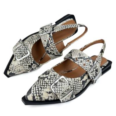 Roimaash Stylish Metal Schnalle Belt Flachs Lack Snake für Frauen Slingback Flach Pumps Cool Goth Dressy Schuhe Pointed Toe Mädchen Mary Janes Flachs Size 40 von Roimaash