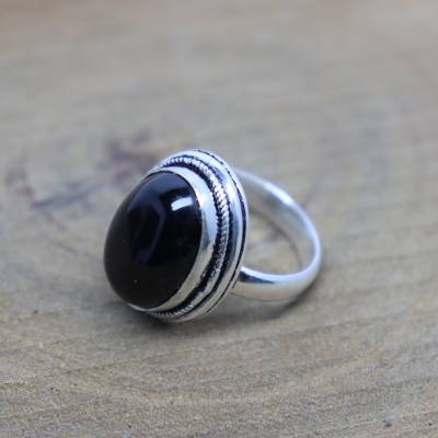 Unisex Schwarz Onyx Oval Form Edelstein Ring, 925 Sterling Silber, Handgemachter Großer Stein Weihnachtstag Ringe Für Sie Mädchen von Ronakjaipursilver