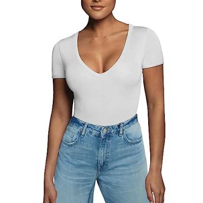 RoomTour Body Damen Elegant Kurz Bodysuit Tops Damenbody for damen Stringbody V Kragen 1-Weiß L von RoomTour