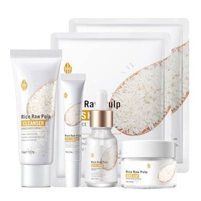 Rosarden Reis Gesichtspflege Set für Frauen und Teenage Mädchen, Hautpflege Set Feuchtigkeits Rice Raw Pulp Skincare Set mit Reinigung, Serum, Gesichtscreme, Augencreme, Masken (6-tlg) von Rosarden