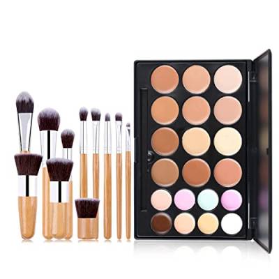 RoseFlower 20 Farben Foundation Concealer Palette+ 11 Makeup Pinsel, Professional Makeup Highlight & Contour Pro Palette, Cosmetics Creme Konturen Kit, verblendbare Matte und Für Helle & Dunkle Haut von RoseFlower